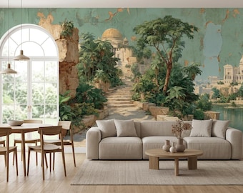 Ancient City Wall Mural Vintage Architecture Wallpaper Peel and Stick Gold Foil Effect Art