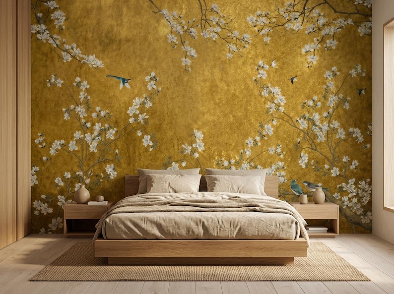 May include: A bedroom scene featuring a wooden bed frame with a beige comforter and pillows. The headboard is against a gold-colored wall adorned with a floral mural of white blossoms and blue birds. Two wooden nightstands flank the bed.