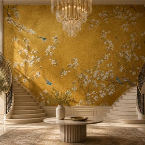 Gold Floral Peel and Stick, Chinoiserie Non Woven Wallpaper, Elegant Bird Mural image 3