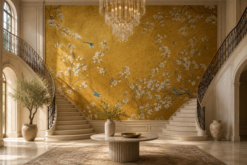 Gold Floral Peel and Stick, Chinoiserie Non Woven Wallpaper, Elegant Bird Mural image 3