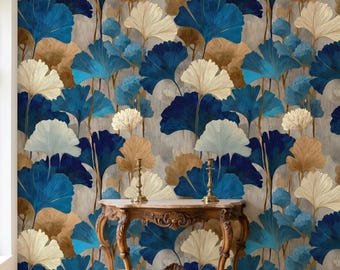 Papel pintado Ginkgo Azul Dorado: Mural botánico de hojas autoadhesivo (Art Deco)