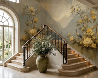 Yellow Crane Landscape Peel and Stick, Chinoiserie Non Woven Wallpaper, Vintage Floral Mural