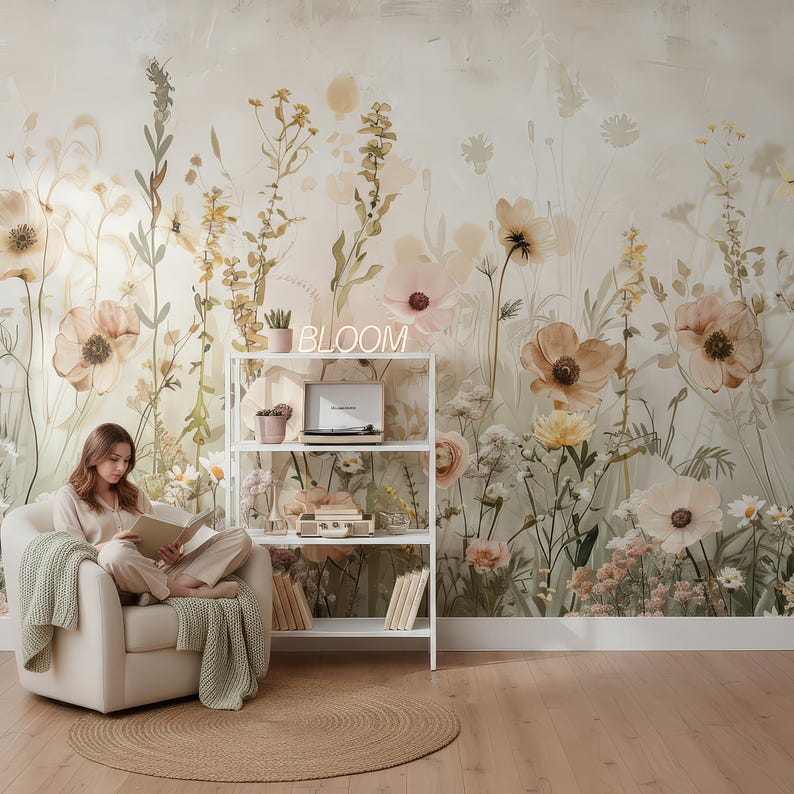 May include: A woman sits in a cream-colored armchair, reading a book, with a green blanket draped over the arm. The background features a floral mural with large, soft-colored flowers. A white shelf holds a record player and decorative items, with a neon sign that says "BLOOM".