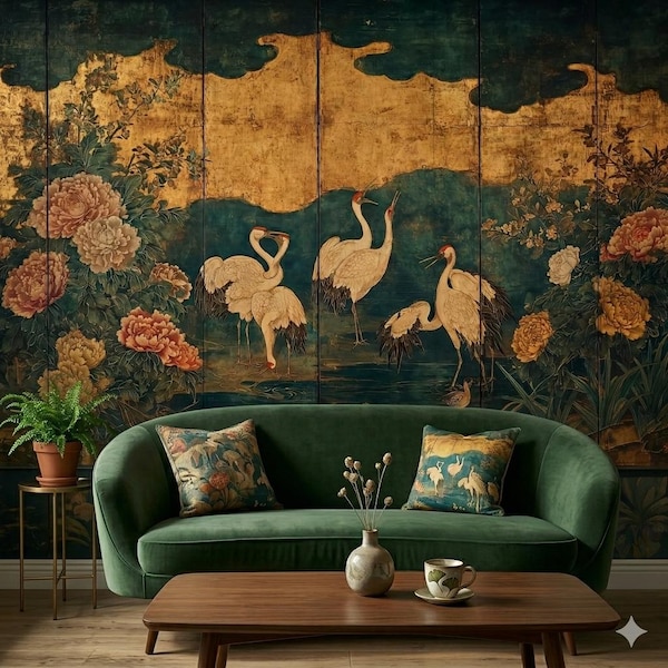Mural autoadesivo Gold Cloud Crane com estampa de grou antigo e peônia asiática.