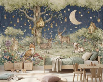 Forest Animal Mural, Peel and Stick, Non Woven Woodland Wallpaper