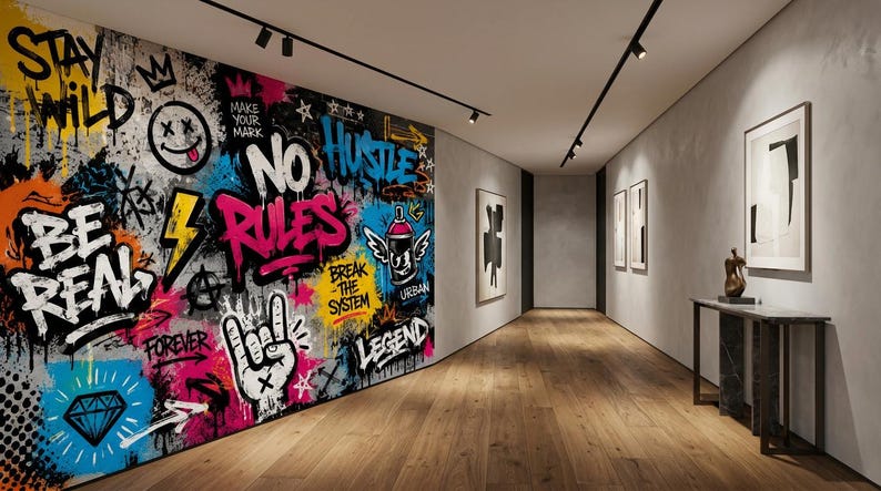 May include: A large wall mural featuring vibrant graffiti art with text including STAY WILD, BE REAL, NO RULES, HUSTLE, BREAK THE SYSTEM, and LEGEND. The design incorporates colorful spray paint elements, a smiley face, a diamond, and a hand gesture.