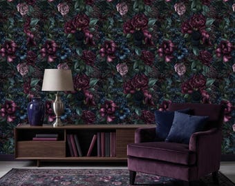 Purple Seamless Dark Peony Wallpaper Vinyl Peel and Stick Removable Vintage Wall Mural