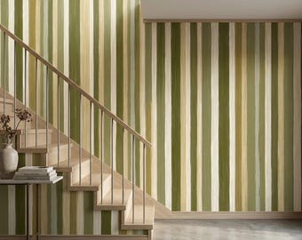 Papel pintado a rayas verdes con textura vertical, mural de pared autoadhesivo de estilo rústico moderno.