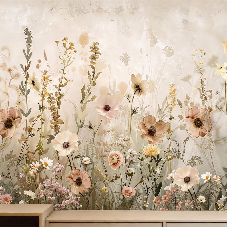 May include: A floral wallpaper design featuring a variety of flowers in soft, muted tones. The image showcases a mix of anemones, daisies, and other wildflowers in shades of pink, peach, and cream, with green foliage against a neutral background.