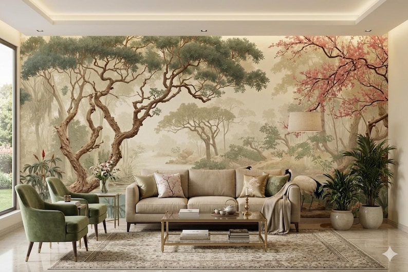K&ouml;nnte beinhalten: Ein Wohnzimmer mit einem Wandbild zum Thema Natur, das B&auml;ume und eine Landschaftsszene zeigt. Der Raum umfasst ein beiges Sofa, gr&uuml;ne Sessel, einen Couchtisch und Topfpflanzen. Die Farbpalette ist neutral mit gr&uuml;nen und beigen Akzenten.
