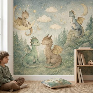May include: Watercolor mural featuring dragons in a whimsical forest scene. Dragons in shades of green, brown, and blue are depicted with wings, sitting on a crescent moon, and perched on rocks. The background includes trees, clouds, stars, and a pillow with a forest scene.