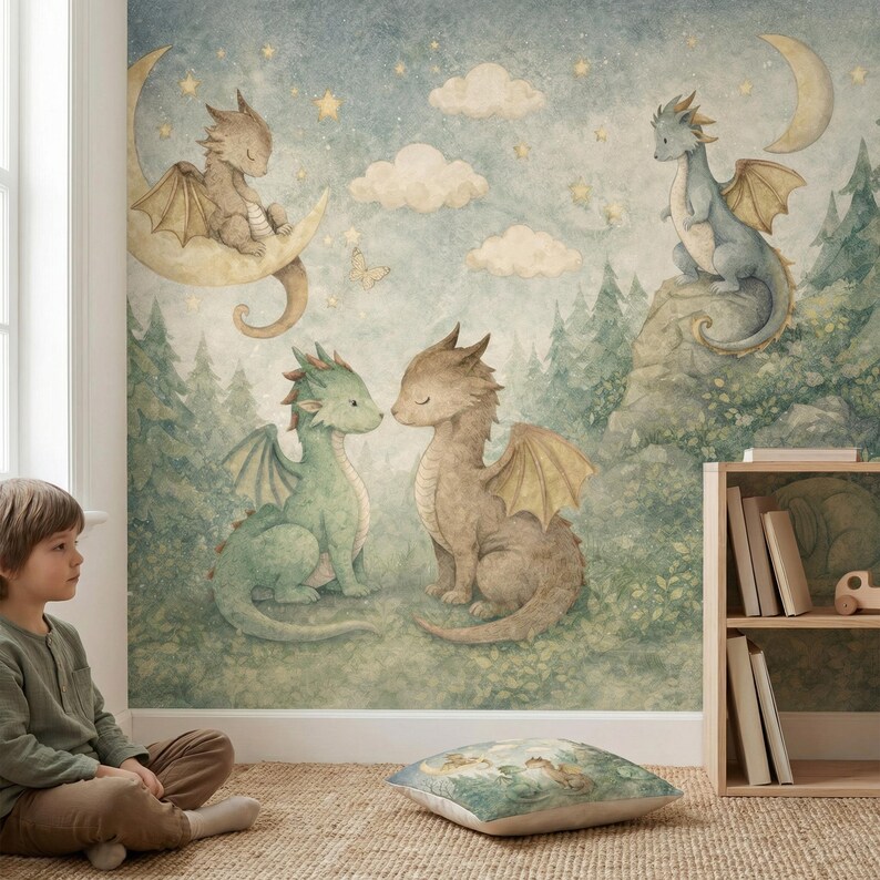 May include: Watercolor mural featuring dragons in a whimsical forest scene. Dragons in shades of green, brown, and blue are depicted with wings, sitting on a crescent moon, and perched on rocks. The background includes trees, clouds, stars, and a pillow with a forest scene.