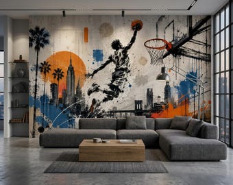 Basketball Graffiti Peel and Stick, Urban Skyline Non Woven Wallpaper, Abstract Sports Mural