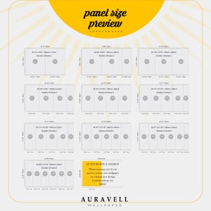 May include: A diagram showing wallpaper panel size previews. The image displays various rectangular panels with dimensions in inches and centimeters, along with the number of panels. Text includes "panel size preview" and "CUSTOM SIZE & DESIGN".