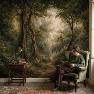Puede incluir: Una persona leyendo en un sillón verde frente a un mural de un bosque. A la izquierda, una pequeña mesa de madera con una lámpara y libros. La habitación tiene una estética vintage, con una alfombra estampada en el suelo.