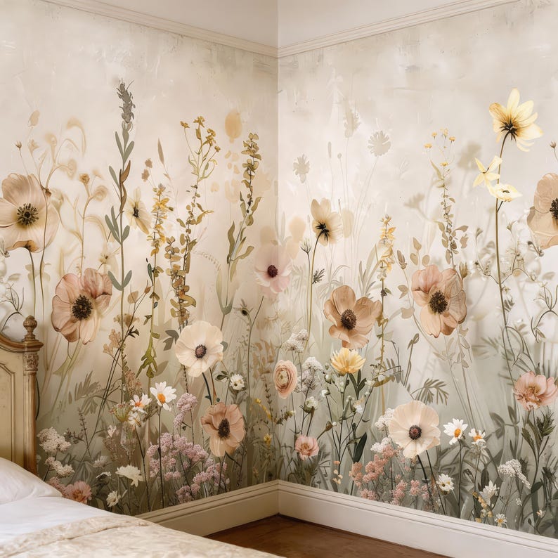 May include: A floral wallpaper design featuring a field of wildflowers in soft pastel colors. The wallpaper showcases large, delicate blooms in shades of peach, cream, and yellow, with green foliage. The design covers two walls and a corner of a room.