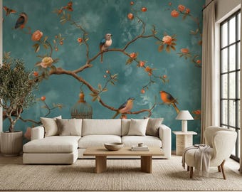 Chinoiserie Bird Mural, Peel and Stick, Non Woven Wallpaper