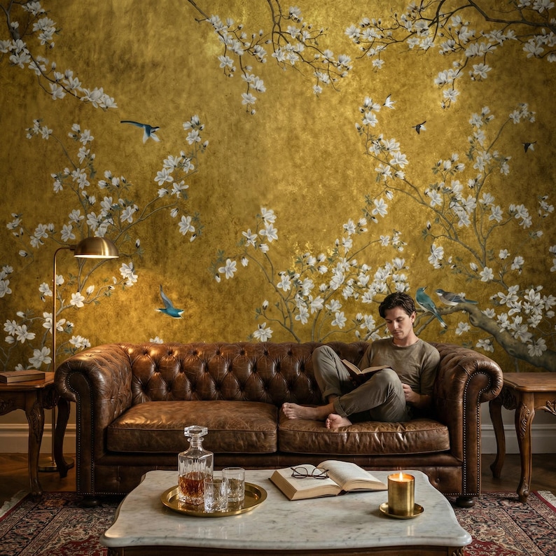 May include: A living room scene featuring a brown leather Chesterfield sofa, a marble coffee table, and a gold-toned wall with a floral mural. A person is reading a book. A brass floor lamp and side tables complete the scene.