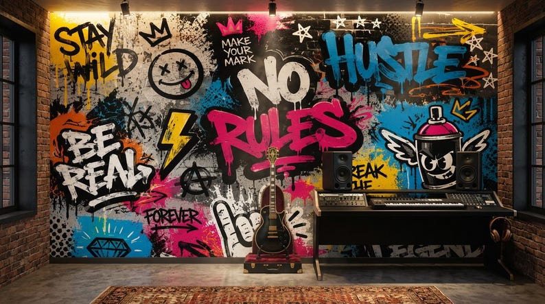 May include: A wall mural featuring vibrant graffiti art with text including STAY WILD, MAKE YOUR MARK, NO RULES, BE REAL, and FOREVER. The design incorporates a smiley face, lightning bolt, and a spray paint can with wings. An electric guitar stands in front.