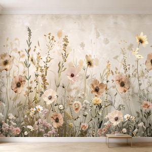 May include: A floral wallpaper mural featuring a variety of flowers in shades of cream, peach, and brown. The flowers are set against a neutral background, creating a soft and inviting aesthetic. The mural includes a small table.