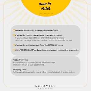 May include: A graphic with the text "how to order" and instructions for purchasing wallpaper. Steps include measuring the wall, choosing a size, selecting a material, and adding to cart. The image also mentions production and shipping times.