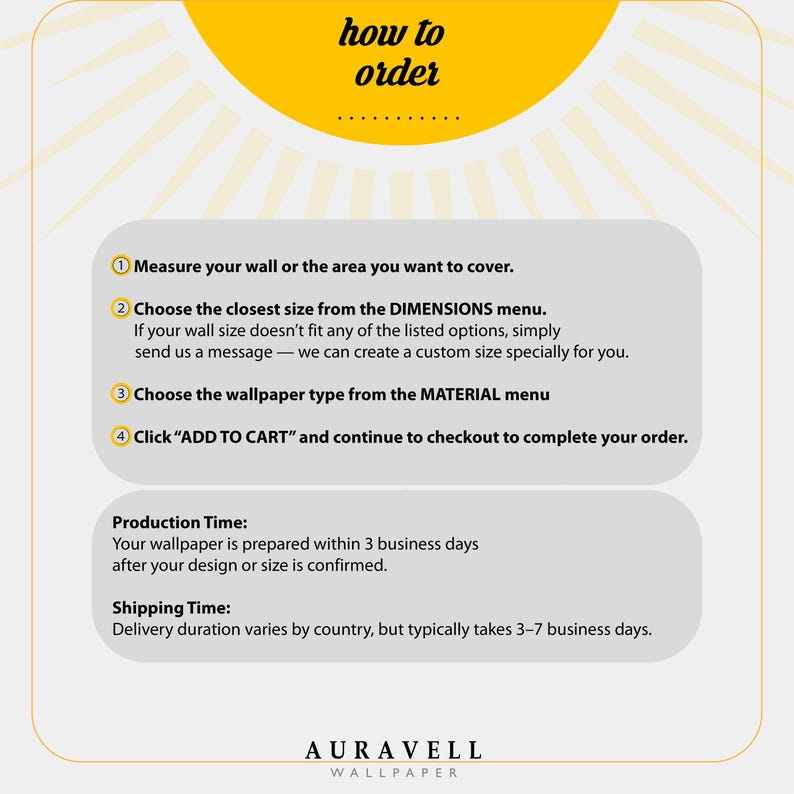 May include: A graphic with the text "how to order" and instructions for purchasing wallpaper. Steps include measuring the wall, choosing a size, selecting a material, and adding to cart. The image also mentions production and shipping times.