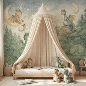 May include: A children's bedroom scene featuring a light wood bed with a cream canopy. The backdrop is a mural with dragons, moons, and stars. Plush dragon toys in various colors are on the bed. A woven basket and open books complete the whimsical decor.