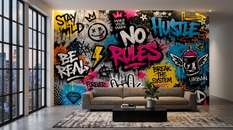 May include: A wall mural featuring vibrant graffiti art with text including "STAY WILD," "MAKE YOUR MARK," "NO RULES," "BE REAL," "BREAK THE SYSTEM," and "URBAN." The design incorporates a smiley face, a lightning bolt, a diamond, and a winged spray paint can.
