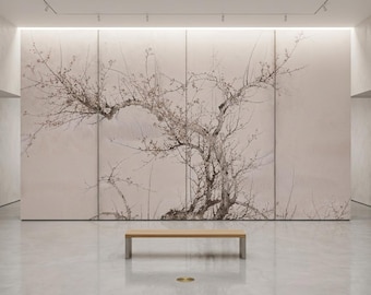 Japanische Sakura Wandbild Kirschblüte Tapete Vinyl Schälen und Aufkleben Beige Zen-Kunst