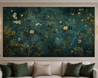 Chinoiserie Peel and Stick Wallpaper, Dark Teal Floral Mural, Vintage Non Woven Art