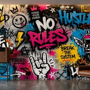 May include: A wall mural featuring vibrant graffiti art with text including "STAY WILD," "MAKE YOUR MARK," "NO RULES," "HUSTLE," "BE REAL," and "BREAK THE SYSTEM." The design incorporates a smiley face, a hand gesture, and spray paint cans.