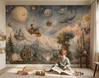 Celestial Nursery Peel and Stick, Whimsical Non Woven Wallpaper, Fantasy Storybook Mural