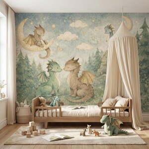 May include: A whimsical children's bedroom scene featuring a mural with watercolor dragons, clouds, and stars. A wooden bed with a canopy, plush toys, and a rug complete the cozy, fantasy-themed space. The color palette is soft and inviting.