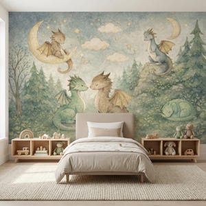 May include: A whimsical children's bedroom scene featuring a mural with watercolor dragons, moons, and stars. The room includes a bed with a beige comforter, wooden nightstands, and a cream-colored rug. The overall theme is fantasy and nature.