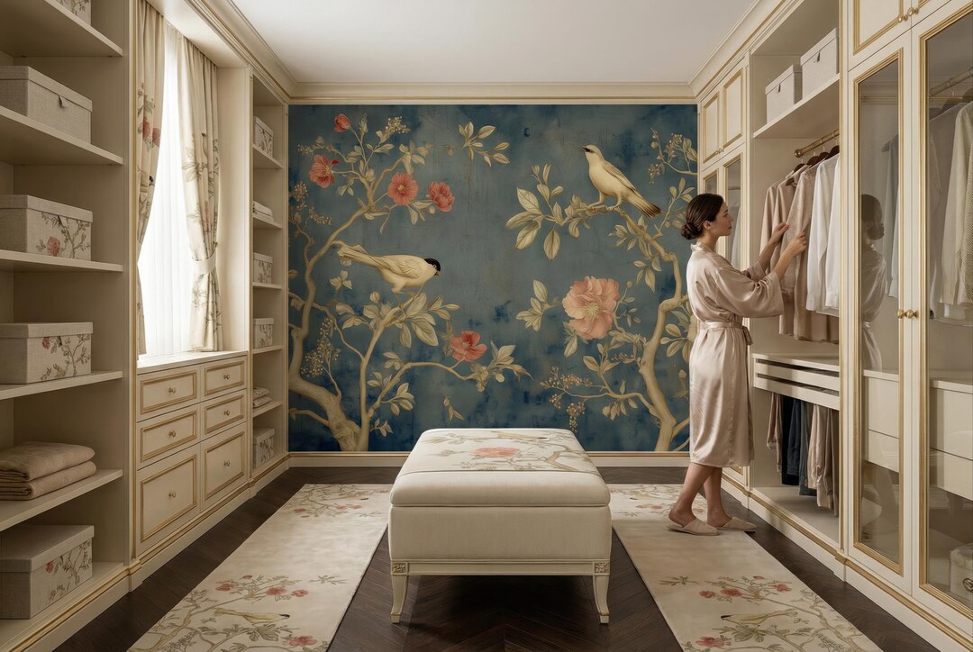 Vintage Chinoiserie Bird & Floral Wallpaper – Blue Beige Elegant ...