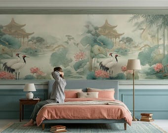Chinoiserie Kranich Lotus abziehen und aufkleben, Vlies Tapete, Vintage Orientalisches Wandbild