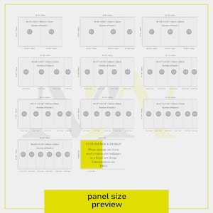 Pu&ograve; includere: Una tabella di anteprima delle dimensioni dei pannelli per carta da parati con undici opzioni di layout con larghezze e altezze variabili in pollici e centimetri, da 79x52 a 236x126 pollici, pi&ugrave; un riquadro informativo per dimensioni personalizzate.