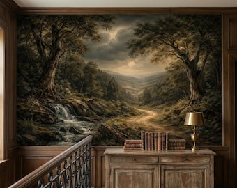 Mural de papel pintado con paisaje de bosque oscuro, removible, autoadhesivo, con vista panorámica del valle y sendero panorámico.