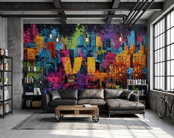 Colorful City Graffiti Wallpaper, Abstract Urban Mural, Peel and Stick Modern Street Art Decor