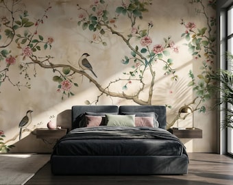 Soft Chinoiserie Wallpaper Mural Removable Peel And Stick Floral Birds Elegant Neutral Pattern