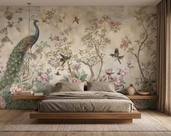 Chinoiserie Blumentapete Wandbild Abnehmbares Schälen und Aufkleben Vintage Pfau Vögel Botanische Szene