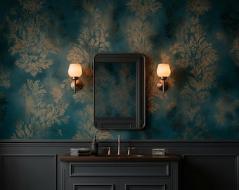 Papel de Parede Removível com Estampa Damasco Elegante, Estilo Vintage, Dourado e Azul-petróleo, Design Clássico