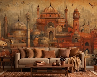 Old Eastern City Peel and Stick Wallpaper, Ancient Eastern Architecture Wall Mural