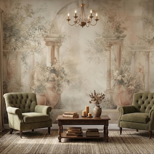May include: An interior scene featuring two olive green tufted armchairs, a wooden coffee table with books and candles, and a large mural depicting a classical garden scene. A chandelier hangs above the table, and the room has a rug.