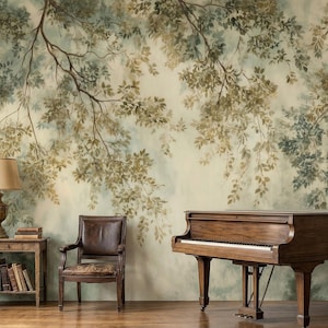 Mural de papel pintado con diseño de dosel botánico en verde suave, removible y autoadhesivo, elegante diseño de ramas de árbol para techo.