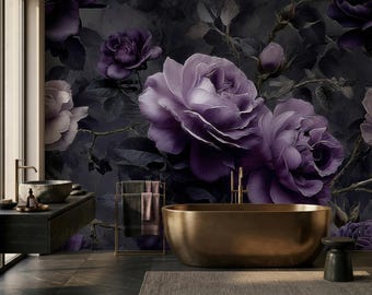 Dark Purple Rose Wallpaper Mural Removable Peel And Stick Floral Elegant Wall Design