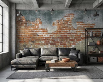 Mural de papel pintado con diseño rústico de ladrillo rojo envejecido, removible y autoadhesivo.