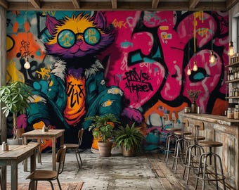 Urban Graffiti Cat Wallpaper Mural Removable Peel And Stick Bold Street Art Neon Vibes