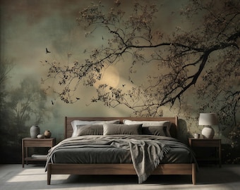 Papel pintado autoadhesivo desprendible con ramas iluminadas por la luna y un evocador mural de bosque vintage.