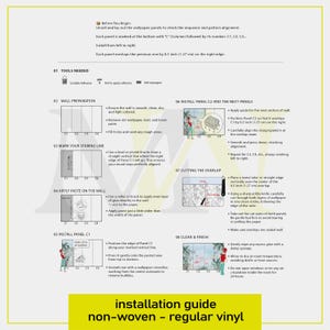 Pu&ograve; includere: Una guida all'installazione per carta da parati in vinile non tessuto. Il documento presenta otto passaggi numerati con testo e diagrammi che illustrano la preparazione della parete, la marcatura, l'incollaggio, l'installazione dei pannelli e la pulizia.